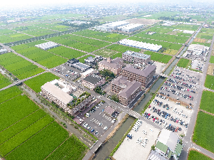 寺田地区の上空写真です。病院などの大規模施設が集まっています。